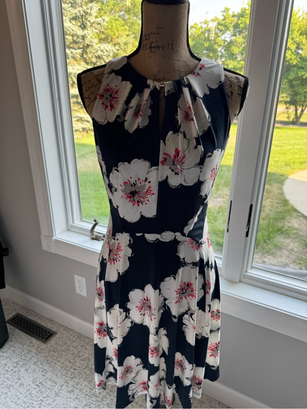 Ivanka Trump Navy Floral Fit-and-Flare Dress with White & Pink Flowers